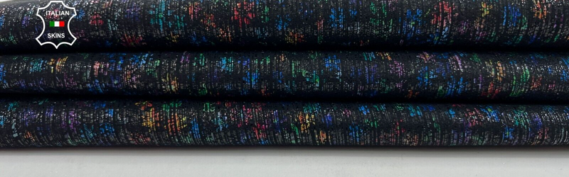 MULTICOLOR FLOWERS PRINT On SHIMMER BLACK Goatskin leather hide 3sqf 0.9mm C1092