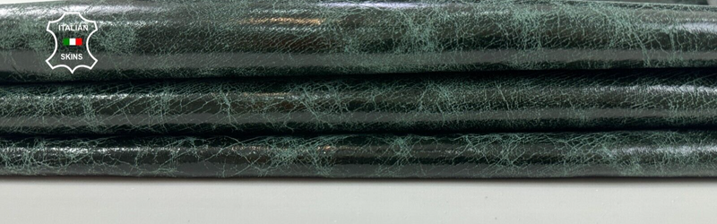 VENICE GREEN ANTIQUED CRACKED SHINY VINTAGE Goatskin leather 5+sqf 0.8mm #C2178