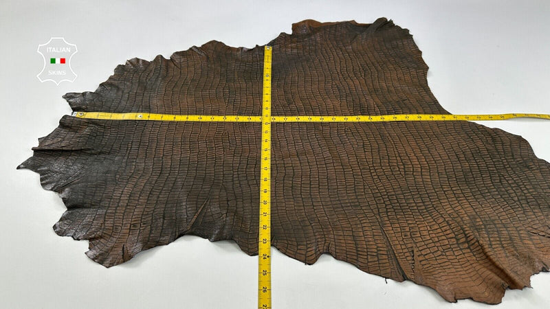 BROWN ANTIQUED CROCODILE PRINT ON DISTRESSED Lambskin leather 6+sqf 0.6mm #C2177