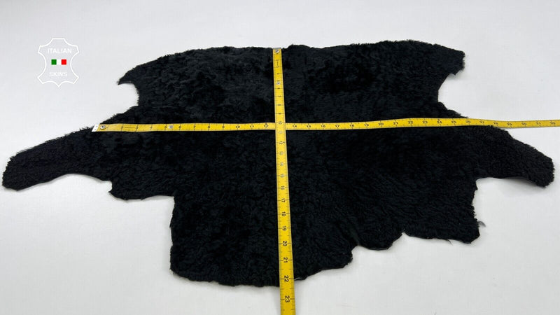 BLACK ON CRINKLED BLACK Soft sheepskin Shearling Leather hide fur 21"x25" #C836