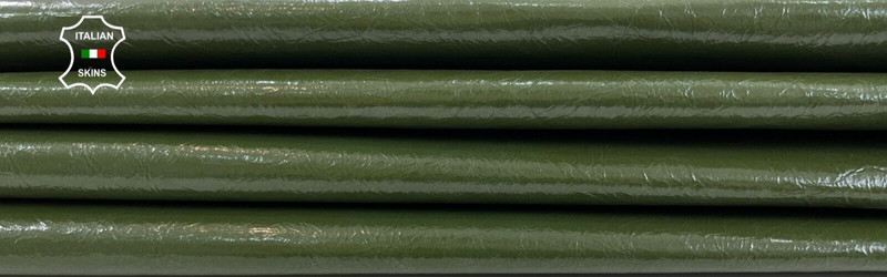 OLIVE GREEN SHINY CRINKLED Thin Italian Goat leather 3 skins 10sqf 0.6mm #C826