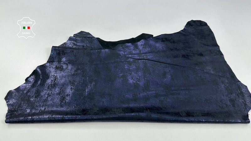 METALLIC BLUE DISTRESSED ON BLACK Soft Italian Lambskin leather 6sqf 0.8mm C2241