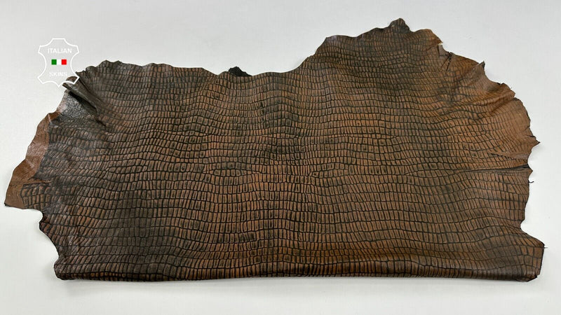 BROWN ANTIQUED CROCODILE PRINT ON DISTRESSED Lambskin leather 6+sqf 0.6mm #C2177