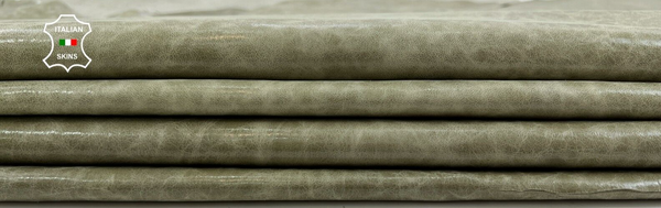 KHAKI GREEN CRINKLE SHINY VINTAGE Thin Goat leather 2 skins 12sqf 0.6mm C1616