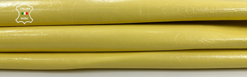 LIGHT YELLOW PATENT CRINKLED Soft Italian Lambskin leather hide 5sqf 0.9mm C2371