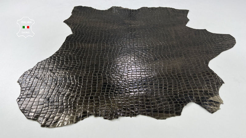 METALLIC GUNMETAL DISTRESSED CROCODILE PRINT ON Goat leather 4+sqf 0.8mm #C1109