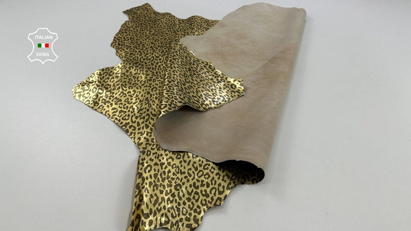 METALLIC GOLD LEOPARD PRINT ON Italian Goatskin leather hides 7+sqf 0.8mm #C2817