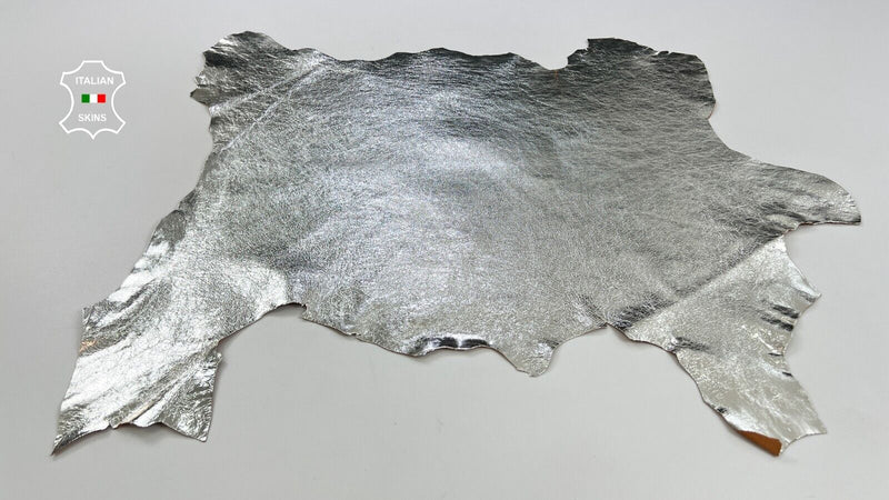 METALLIC SILVER CRINKLE ON TERRACOTA Soft Italian Goat leather 4+sqf 0.9mm C1870