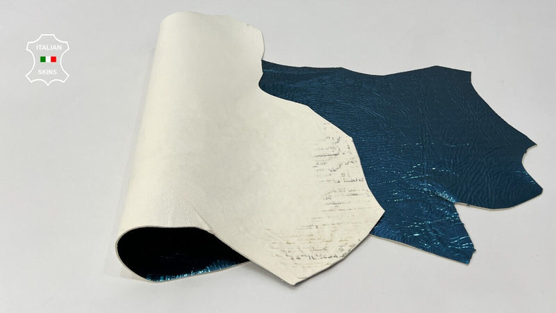 METALLIC TEAL BLUE CRINKLE Thick Italian Lambskin leather hide 3+sqf  1.6mm C136