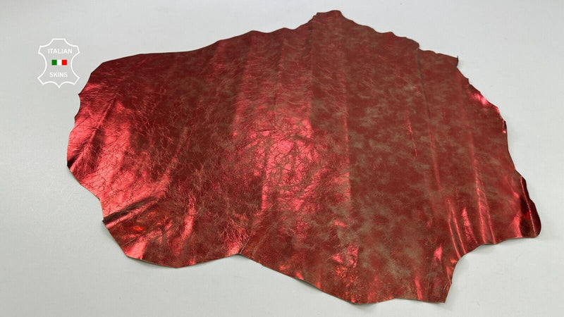 METALLIC FIRE RED CRINKLED DISTRESSED VINTAGE Lambskin leather 5+sqf 0.7mm C2594