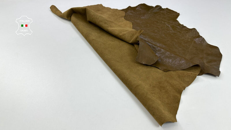 OLIVE BROWN CRACKLE SHINY Soft Italian Lambskin leather hides 7sqf 0.9mm #C2176