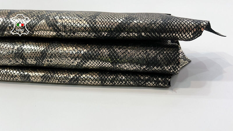 METALLIC ANTIQUED PLATINUM SNAKE PRINT On Goatskin leather hide 6+sqf 1.0mm C443