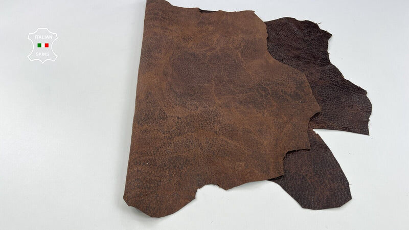 CHESTNUT BROWN ANTIQUED GRAINY Italian Goatskin leather hides 7+sqf 0.9mm #C1950