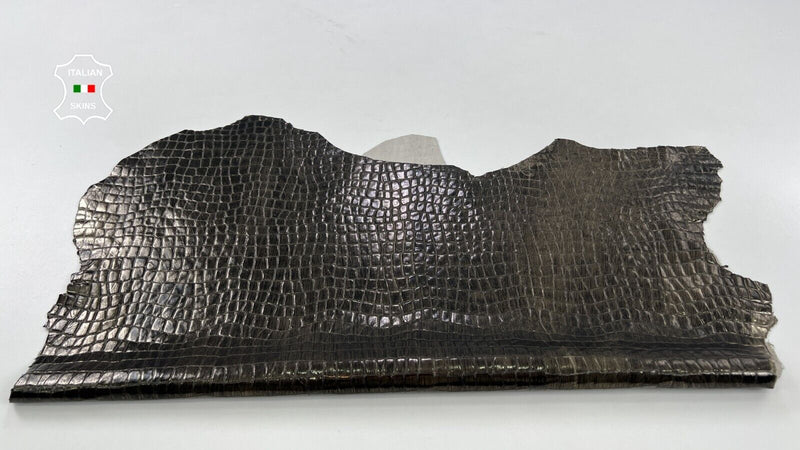 METALLIC GUNMETAL DISTRESSED CROCODILE PRINT ON Goat leather 4+sqf 0.8mm #C1109