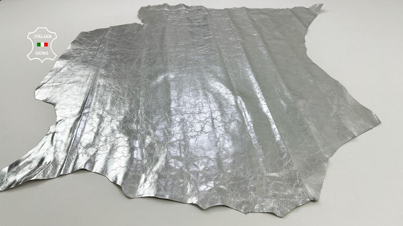 METALLIC SILVER CRACKED Thin Soft Italian Lambskin leather 7+sqf 0.5mm #C2363