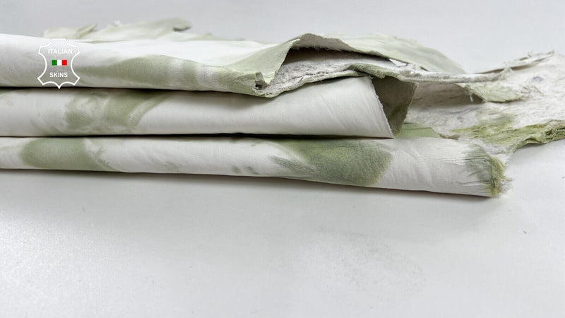 TEA GREEN TIE DYE DISTRESSED ON WHITE Soft Goatskin leather 6+sqf 0.9mm #C1284