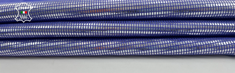 METALLIC SILVER SQUARES PRINT ON PURPLE Soft Goatskin leather 3sqf 0.7mm #C1168