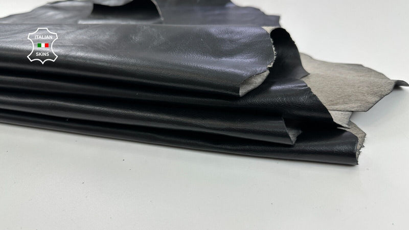 BLACK SHINY ON GREY BACKSIDE Italian Goatskin leather 2 skins 12+sqf 0.8mm C2719