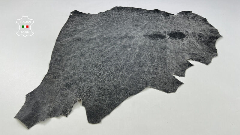 BLACK CRACKED ON LIGHT GREY VINTAGE LOOK Soft Goatskin leather 5sqf 0.9mm #C2134