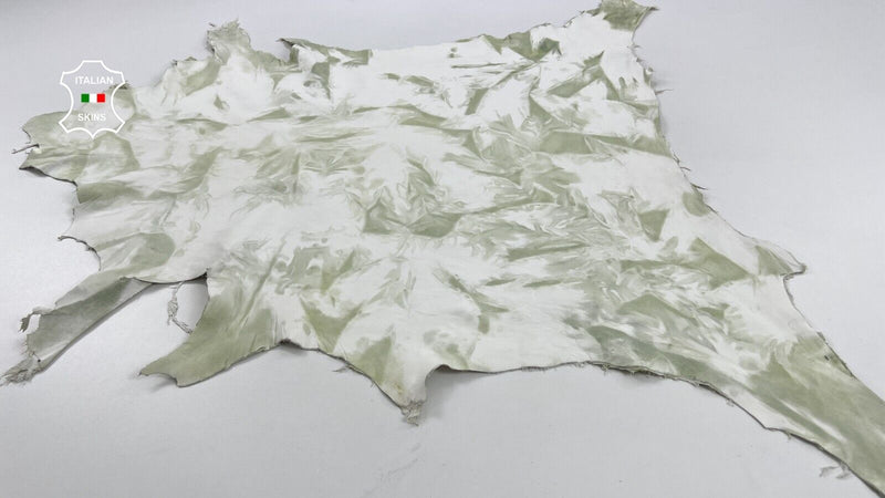 TEA GREEN TIE DYE DISTRESSED ON WHITE Soft Goatskin leather 6+sqf 0.9mm #C1284