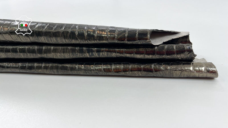 METALLIC GUNMETAL DISTRESSED CROCODILE PRINT ON Goat leather 4+sqf 0.8mm #C1109