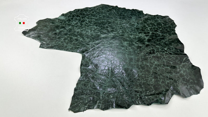 VENICE GREEN ANTIQUED CRACKED SHINY VINTAGE Goatskin leather 5+sqf 0.8mm #C2178