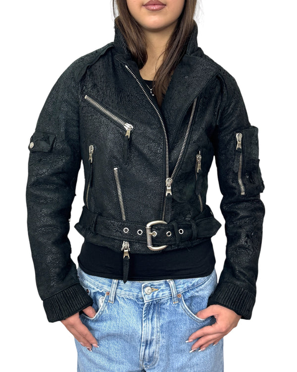 Italian handmade Women genuine lamb leather biker cropped jacket BLACK USED LOOK