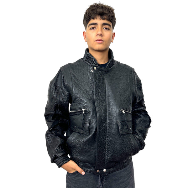 Italian handmade Men genuine WASHED BUBBLY BLACK lamb leather jacket S to 3XL