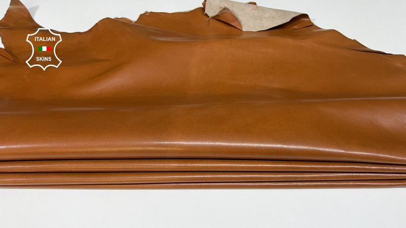 COGNAC BROWN WAXY SHINY Thin Soft Lambskin leather 2 skins 14sqf 0.6mm #B4528