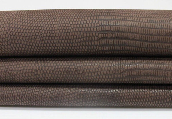 BROWN VINTAGE REPTILE EMBOSSED vegetable tan Lambskin leather skins 11sqf #A3921