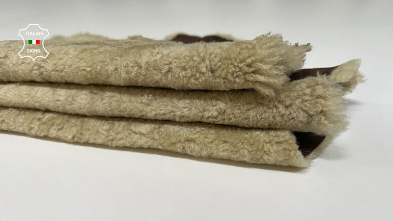 PEANUT BEIGE On VINTAGE BROWN LEATHER Hair On sheepskin shearling 14"x33" #B8674