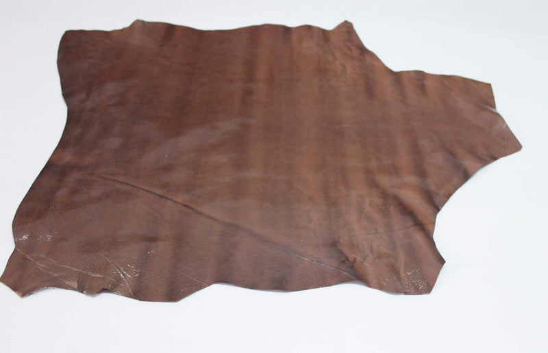 GLOSS PATENT CRACKED BROWN DISTRESSED Italian Goatskin leather skin 5sqf #A3090