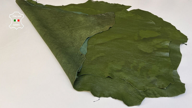 MOSS GREEN COATED WASHED ROUGH Thick Lambskin leather 2 skins 14sqf 1.1mm #B8546