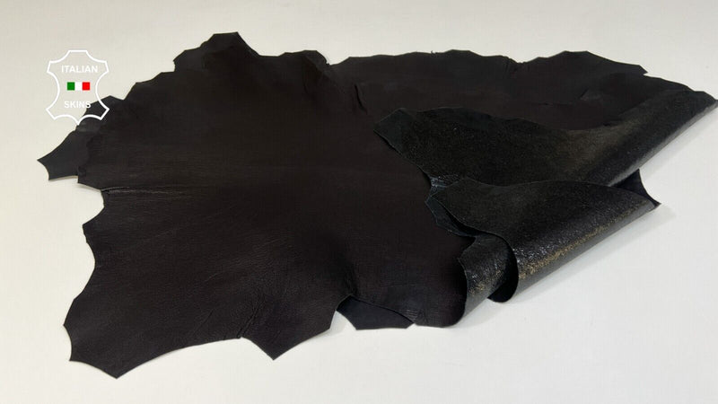 BLACK CRACKED SHIMMER SHINY Italian Goatskin leather hide 2 skins 7sqf 0.8mm #B5709