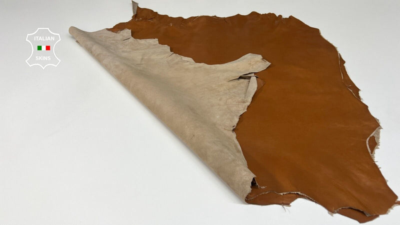 COGNAC BROWN WAXY SHINY Thin Soft Lambskin leather 2 skins 14sqf 0.6mm #B4528