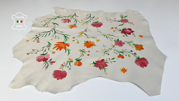 FLOWERS HAND PAINTED ON IVORY Soft Italian Lambskin leather 5+sqf 0.8mm #B4291