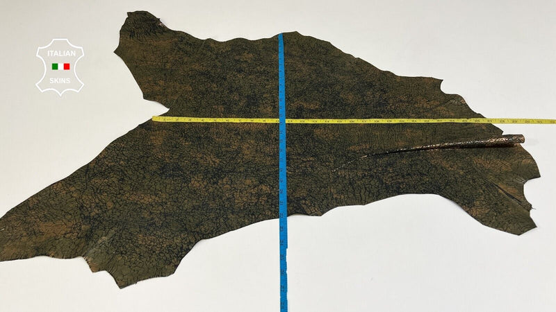 COPPER & OLIVE CRACKED ON BLACK Soft Goatskin leather hides 4+sqf 0.9mm #B6117