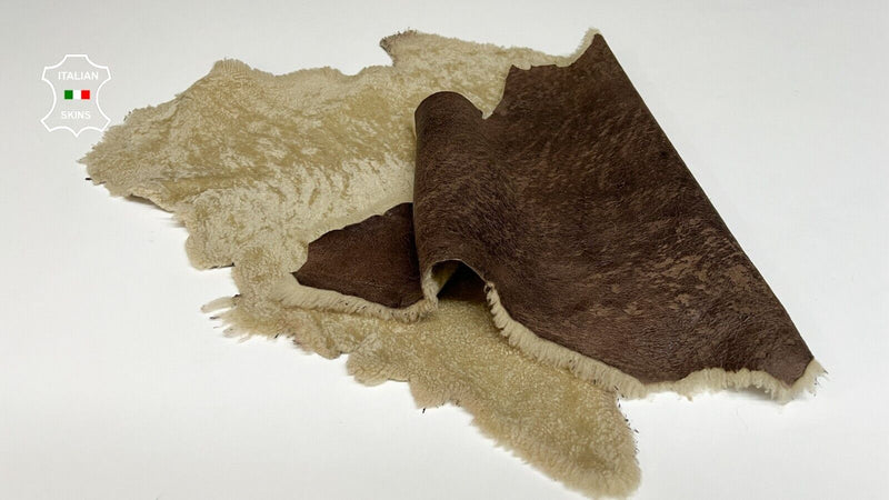 PEANUT BEIGE On VINTAGE BROWN LEATHER Hair On sheepskin shearling 14"x33" #B8674