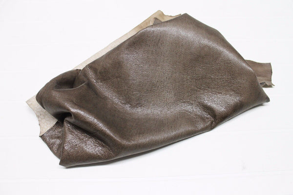 Italian Lambskin leather skin SHINY WALNUT BROWN CRINKLE DISTRESSED 6sqf #A2006