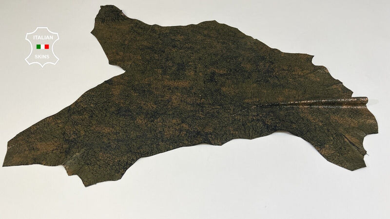 COPPER & OLIVE CRACKED ON BLACK Soft Goatskin leather hides 4+sqf 0.9mm #B6117