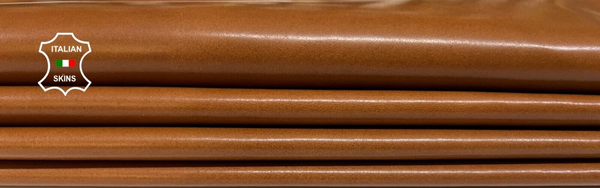 COGNAC BROWN WAXY SHINY Thin Soft Lambskin leather 2 skins 14sqf 0.6mm #B4528