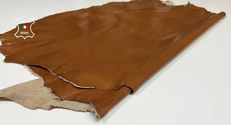 COGNAC BROWN WAXY SHINY Thin Soft Lambskin leather 2 skins 14sqf 0.6mm #B4528