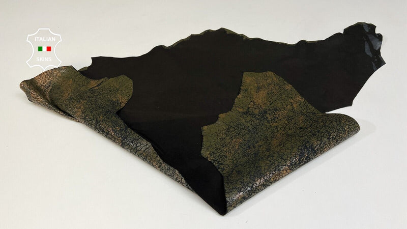 COPPER & OLIVE CRACKED ON BLACK Soft Goatskin leather hides 4+sqf 0.9mm #B6117