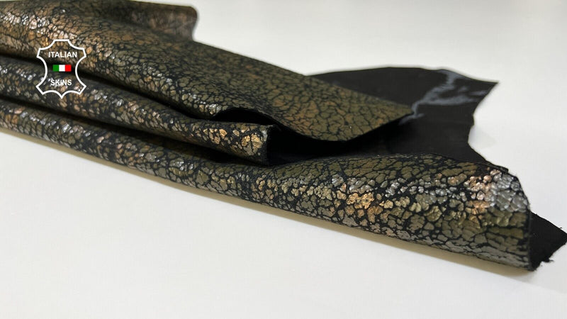 COPPER & OLIVE CRACKED ON BLACK Soft Goatskin leather hides 4+sqf 0.9mm #B6117