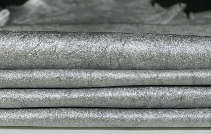 METALLIC SILVER ANTIQUED wrinkle Lambskin leather 2 skins 7sqf 0.6mm #A7028