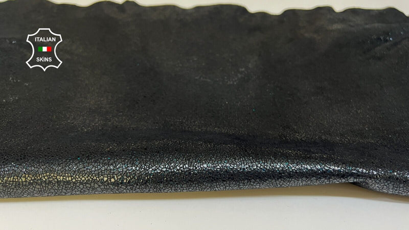 BLACK & TEAL SHINY CRACKED SHIMMER Soft Goatskin leather hides 5sqf 0.8mm #B5707