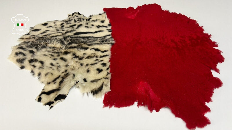 RED & IVORY LEOPARD PRINT Hair On sheepskin Fur  leather 2 skins 23"x30" B8687