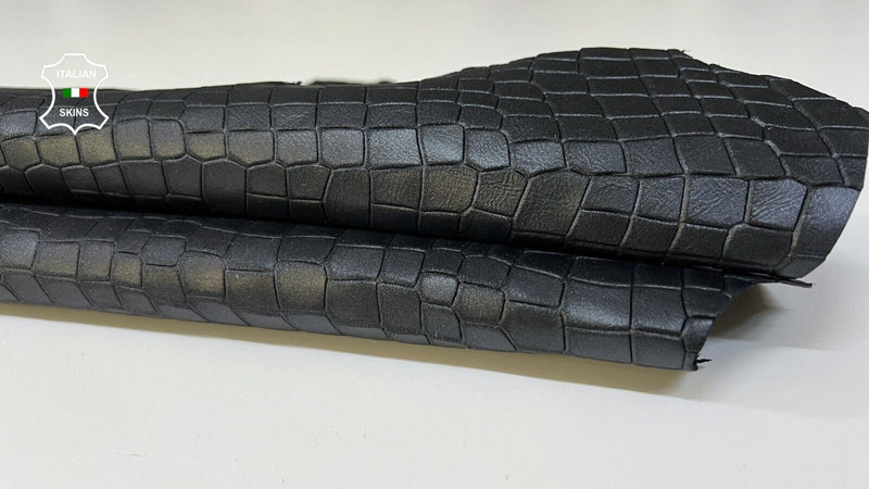 PEARLIZED ANTHRACITE BLACK CROCODILE TEXTURED On Goat leather 5sqf 1.0mm #B8852