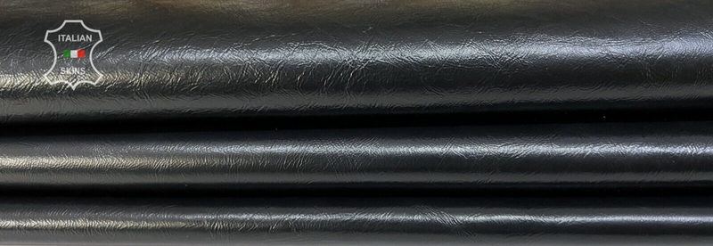 BLACK SHINY COATED CRINKLED Thin Soft Italian Lambskin leather 5sqf 0.6mm #B8289