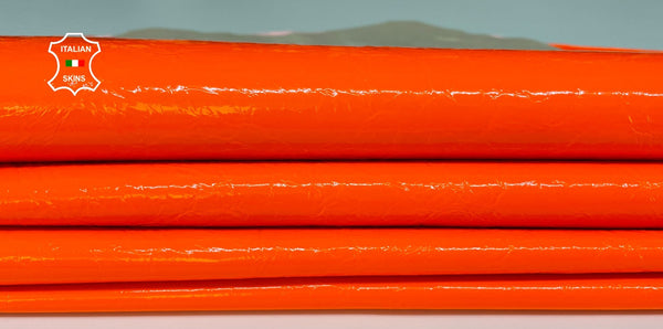 NEON ORANGE patent crinkled shiny Italian genuine Lambskin Lamb Sheep leather skins hides 0.5mm to 1.2mm